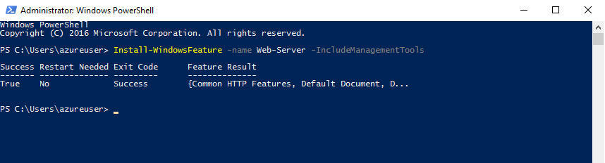 Windows PowerShell 프롬프트에서 Install-WindowsFeature -name Web-Server -IncludeManagementTools 명령어가 실행에 성공한 스크린 샷