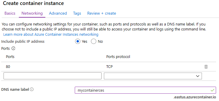 DNS 이름 레이블이 입력된 컨테이너 인스턴스 만들기 블레이드의 네트워킹 탭 스크린 샷