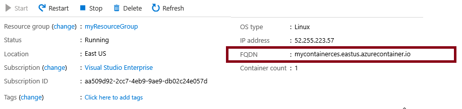 Azure Portal의 컨테이너 인스턴스에서 FQDN이 강조된 스크린 샷