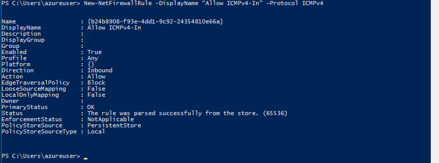 PowerShell 프로프트에서 New-NetFirewallRule –DisplayName “Allow ICMPv4-In” –Protocol ICMPv4 명령어의 실행 결과 스크린 샷