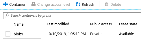 Azure Portal의 스토리지 계정에 blob1 컨테이너가 생성된 스크린 샷