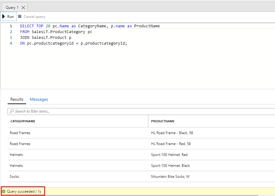 SQL 쿼리가 성공적으로 실행되고 결과가 결과창에 표시된 스크린 샷