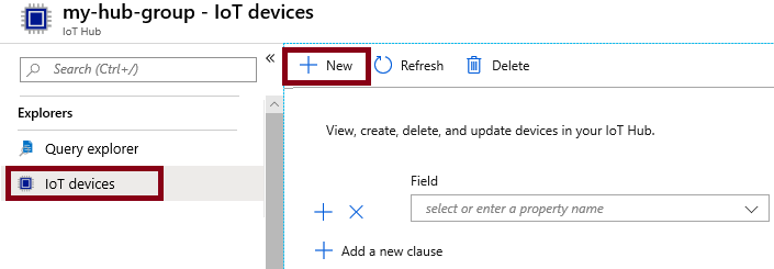 IoT Hub 네비게이터에서 탐색기 영역에 있는 IoT 디바이스를 선택하는 것과 IoT 디바이스 블레이드에서 +새로 만들기가 강조된 스크린 샷