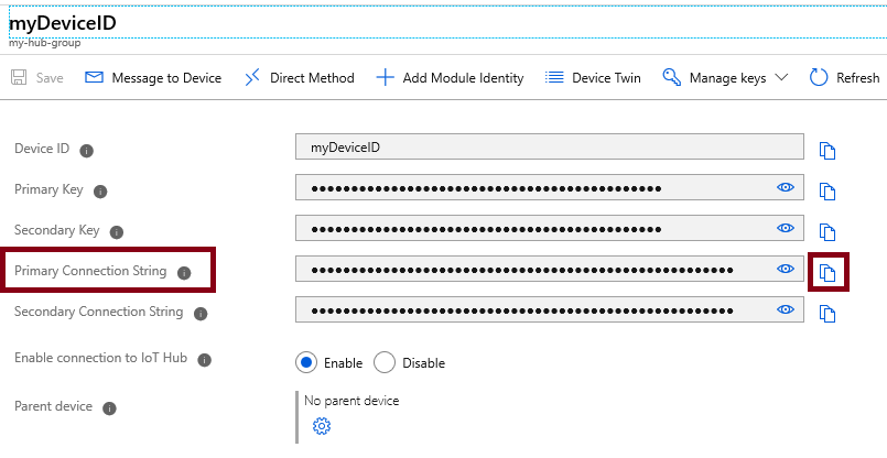 새로 만든 IoT 디바이스의 기본 연결 문자열 값을 복사하는 방법이 강조된 스크린 샷