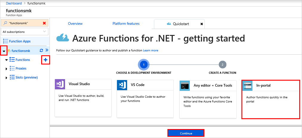 Azure Portal 내에서 함수 앱의 함수를 추가하여 포털 내 .NET 코드를 수정할 수 있는 설정이 강조된 스크린 샷