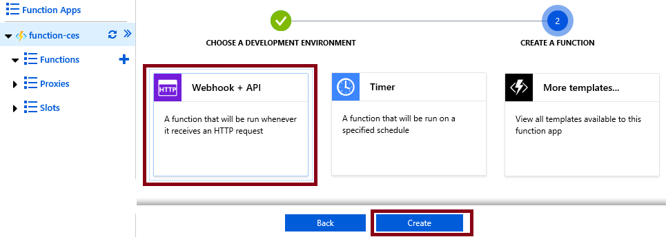 Azure Portal 내에서 함수 앱이 WebHook + API 트리거로 실행될 수 있는 설정이 강조된 스크린 샷