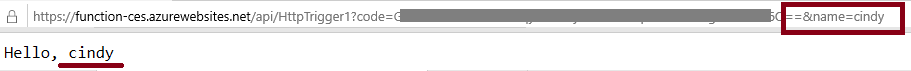 함수 앱의 URL 마지막에 &name=cindy를 추가한 결과에 대해 출력된 스크린 샷