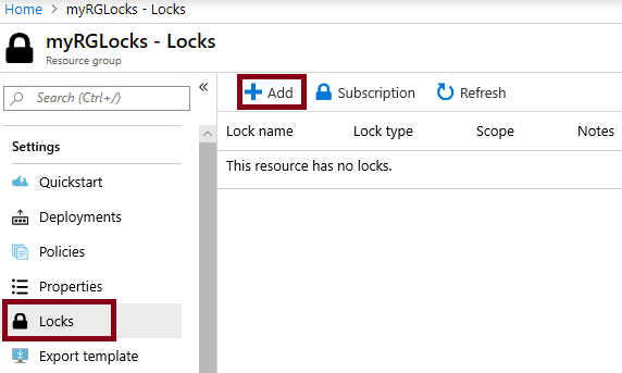 리소스 그룹에서 잠금과 +추가가 강조 된 스크린 샷